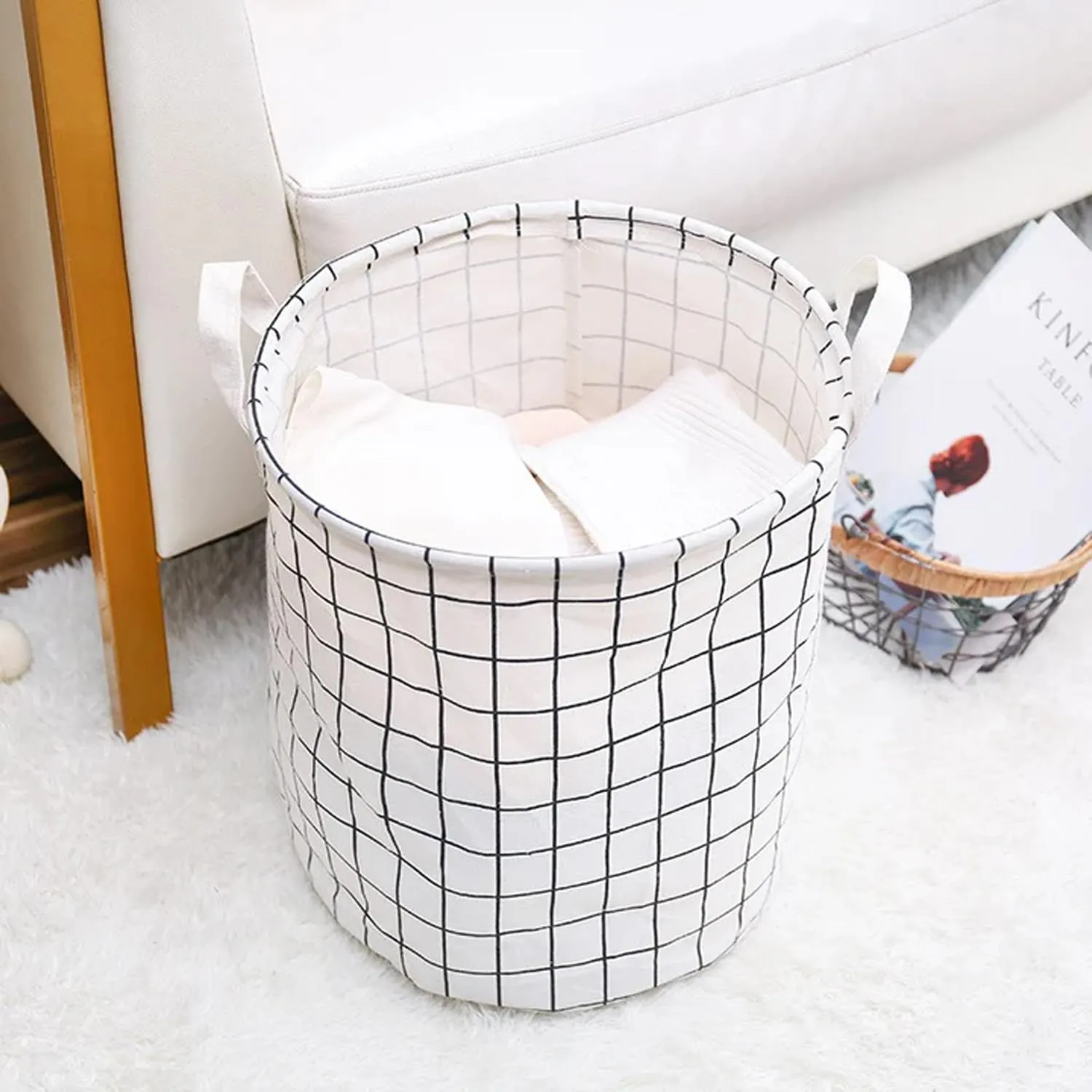 Kuber Industries Foldable Storage Basket|Round Toy Storage Bin|Side Grab Handle|Wardrobe, Closet Organizer (White) (Pack Of 1)