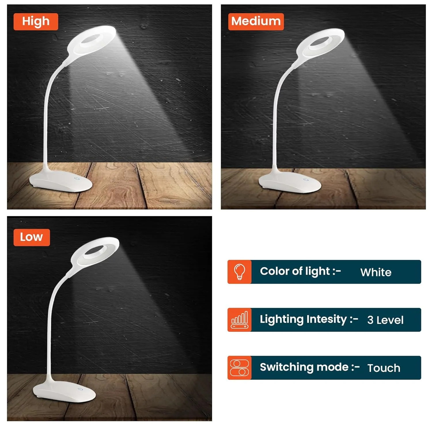 Kuber Industries Ring Base Table Lamp|Rechargeable Table Light with USB|Battery Capacity 1200mAh-Pack of 3 (White)