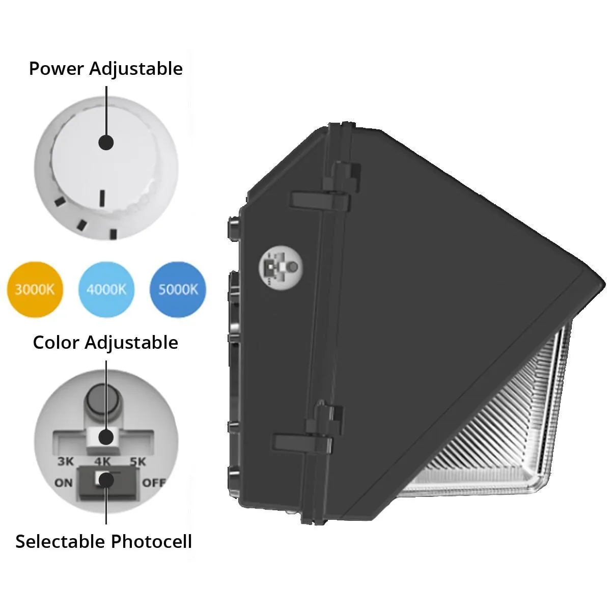 LED Wall Pack With Photocell, 80 Watts, Adjustable, 13000 Lumens, 30K/40K/50K, 120-277V