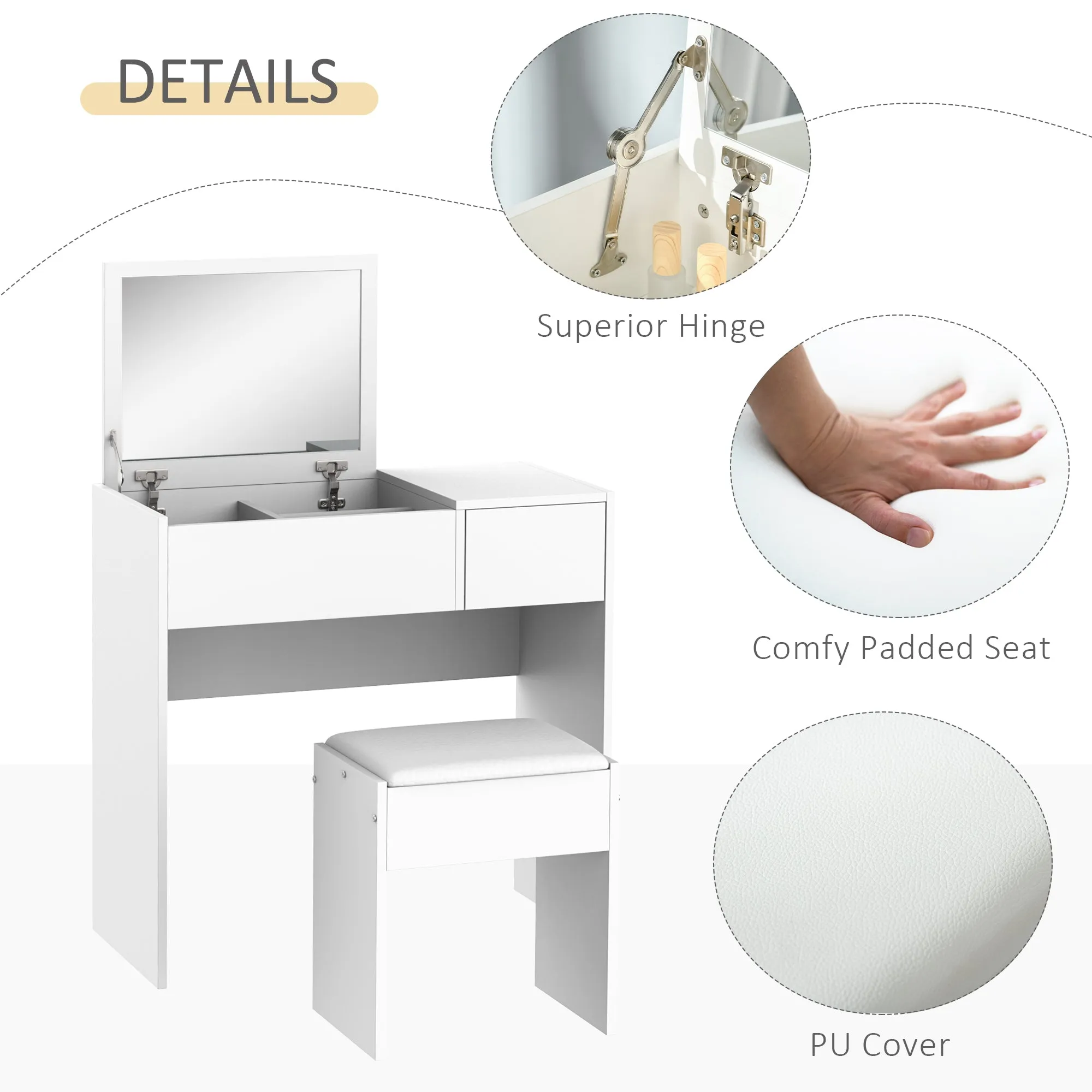 Makeup Desk with Drawer, Vanity Table Set with Flip-up Mirror and Cushioned Stool, White