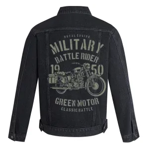 Mens Military Ride Motorcycle Graphic Button Up Denim Jacket