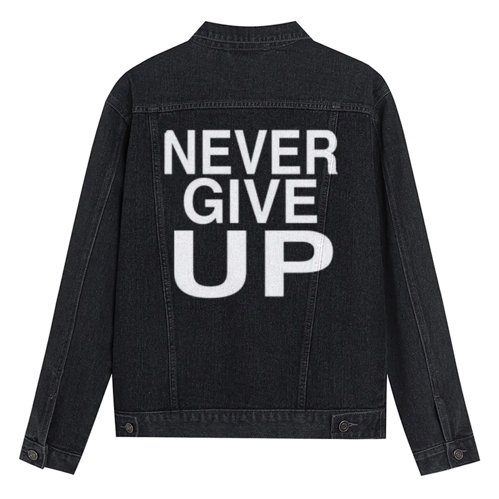 Mens NEVER GIVE UP Graphic Button Up Denim Jacket