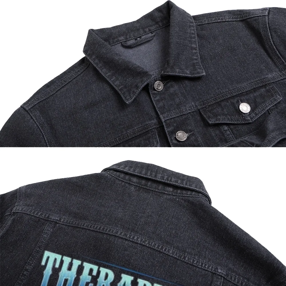 Mens THERAPY IS EXPENSIVE WIND IS CHEAP Motorcycle Graphic Button Up Denim Jacket