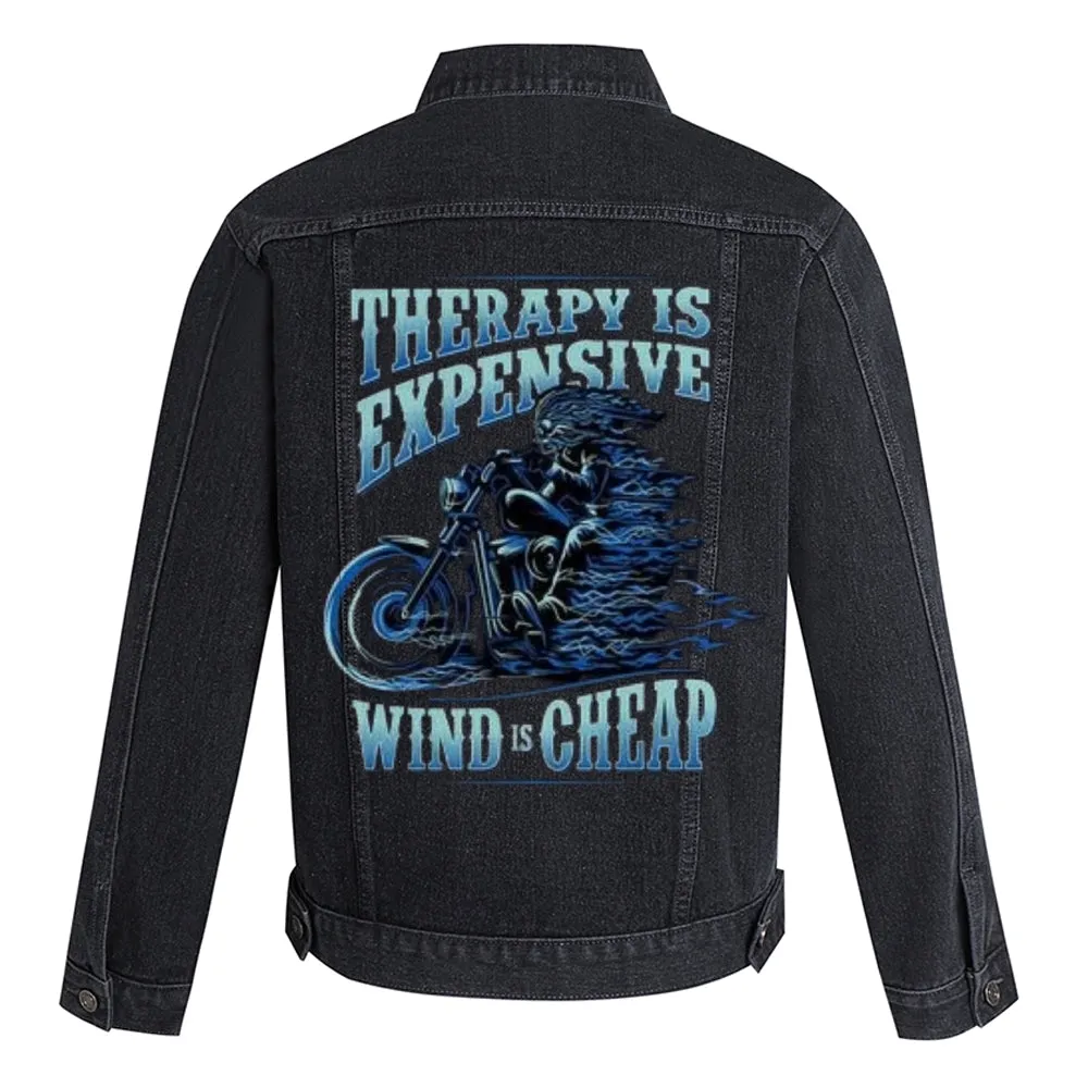 Mens THERAPY IS EXPENSIVE WIND IS CHEAP Motorcycle Graphic Button Up Denim Jacket