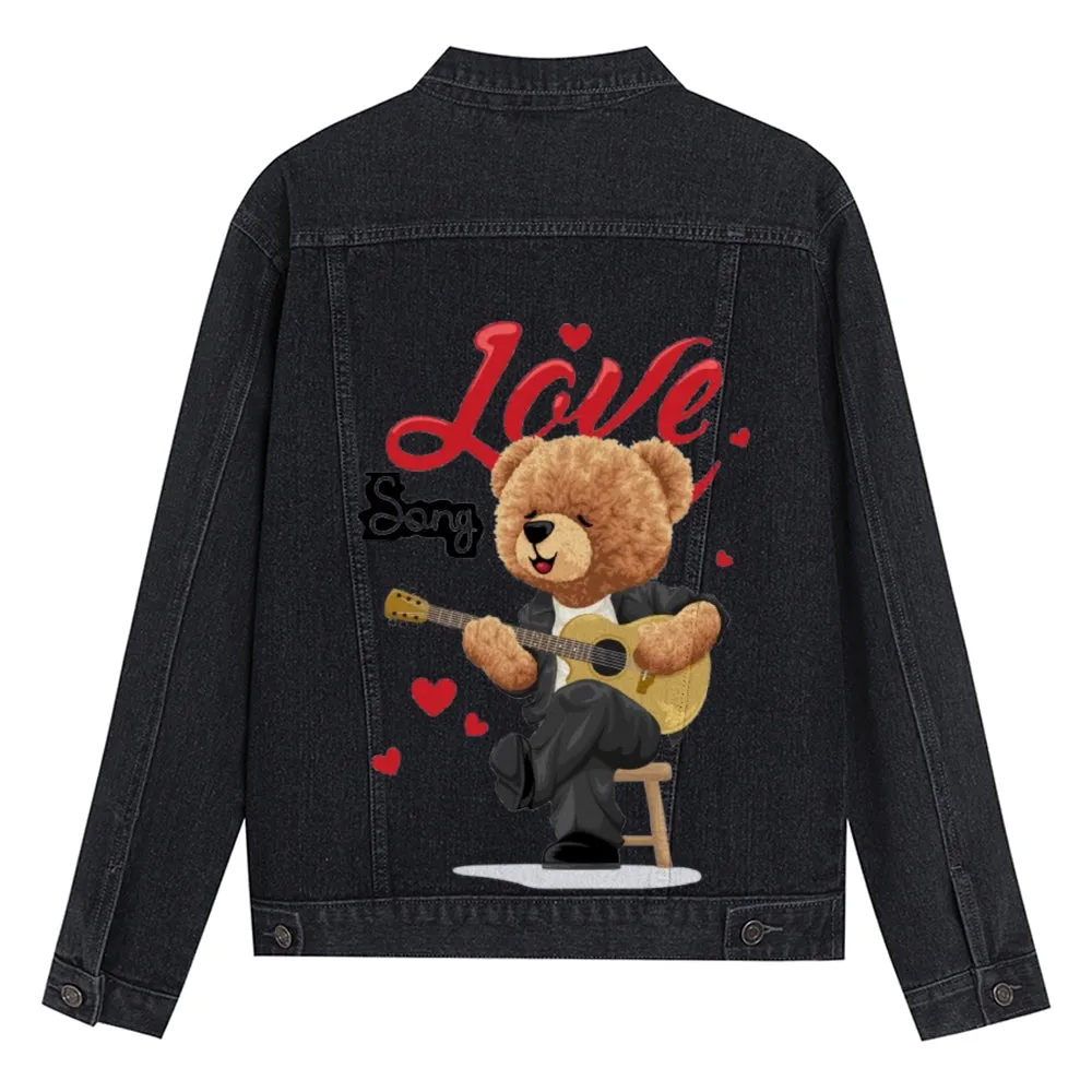 Mens Vintage Cartoon Cute Bear Song Love Prints Denim Jacket