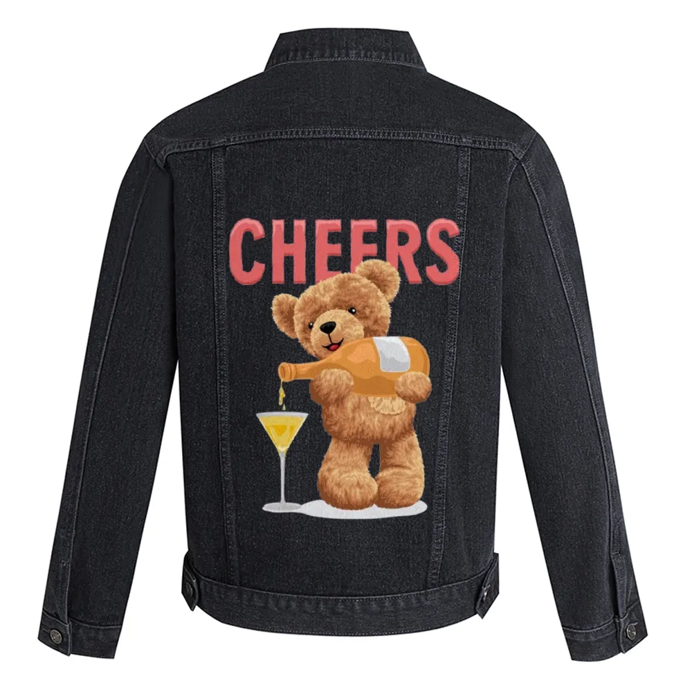 Mens Vintage Cartoon Cute CHEERS Bear Prints Denim Jacket