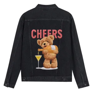 Mens Vintage Cartoon Cute CHEERS Bear Prints Denim Jacket