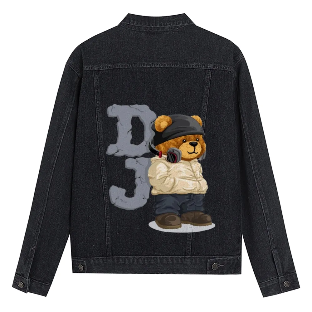 Mens Vintage Cartoon Cute DJ Bear Prints Denim Jacket