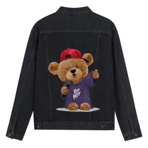 Mens Vintage Cartoon Cute HIP HOP Bear Prints Denim Jacket