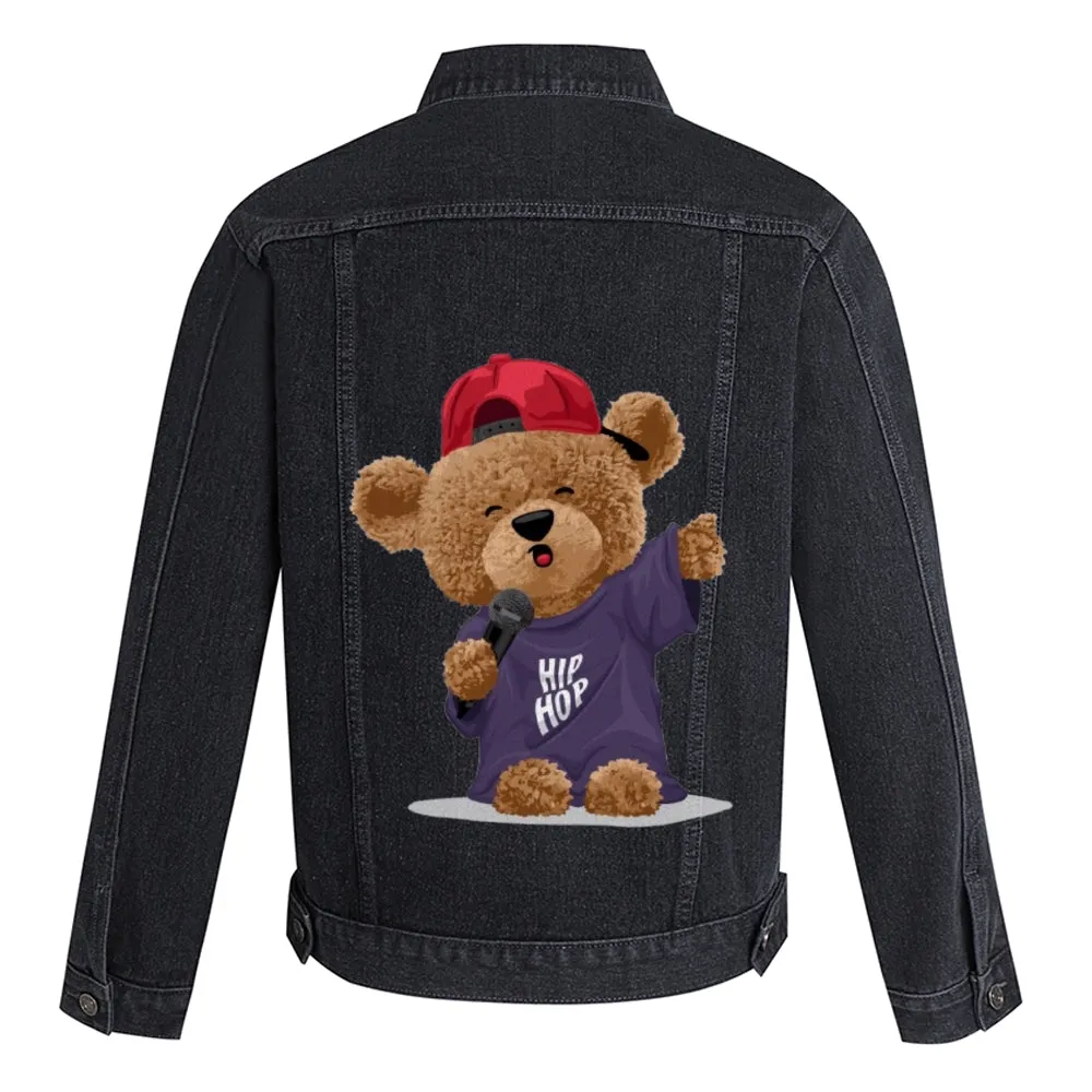 Mens Vintage Cartoon Cute HIP HOP Bear Prints Denim Jacket