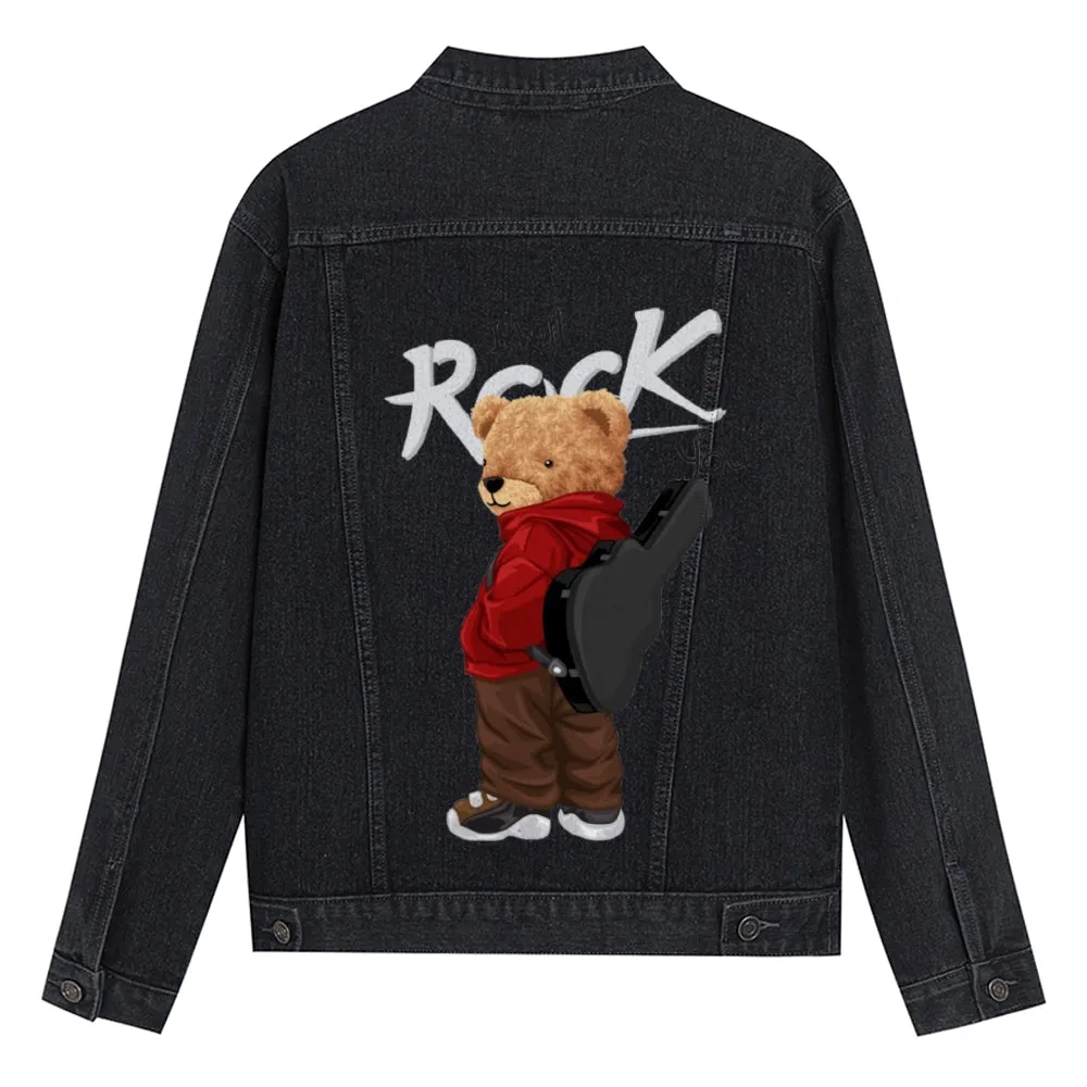 Mens Vintage Cartoon Cute Rock Bear Prints Denim Jacket