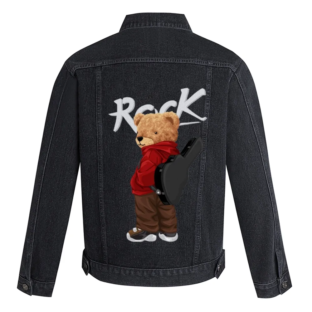 Mens Vintage Cartoon Cute Rock Bear Prints Denim Jacket