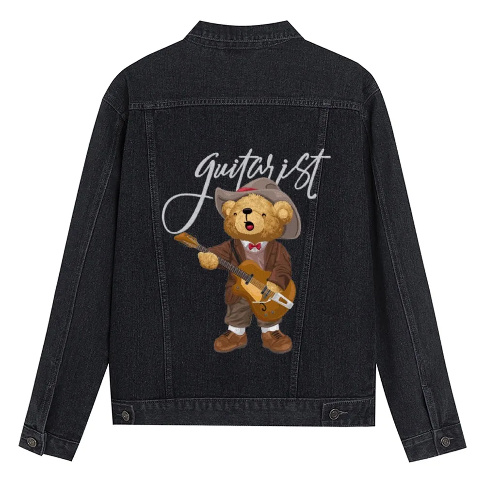 Mens Vintage Cartoon Prints Cute Bear Guitaist Denim Jacket