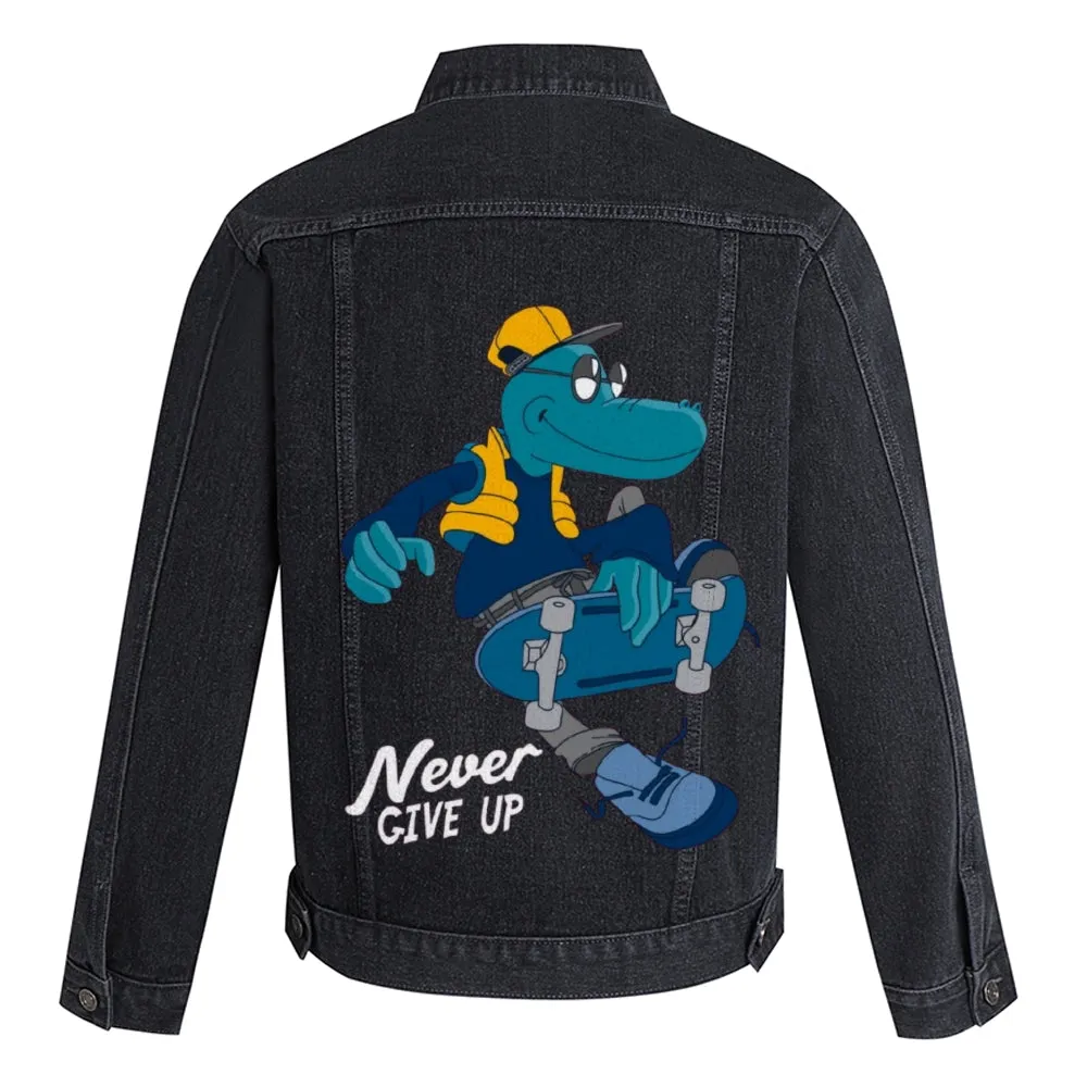 Mens Vintage Cartoon Prints Never Give Up Denim Jacket