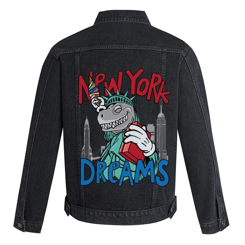 Mens Vintage Cartoon Prints New York Dreams Denim Jacket