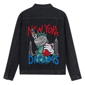 Mens Vintage Cartoon Prints New York Dreams Denim Jacket