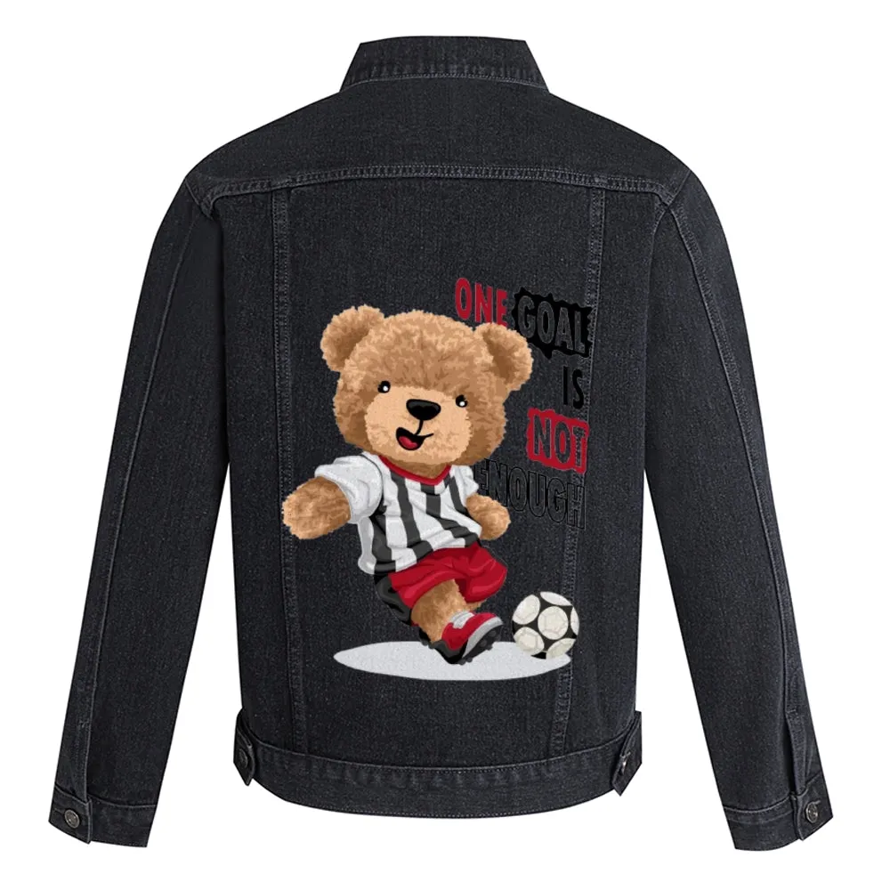 Mens Vintage Cartoon Prints One Goal Is Not Enough Cute Bear Denim Jacket