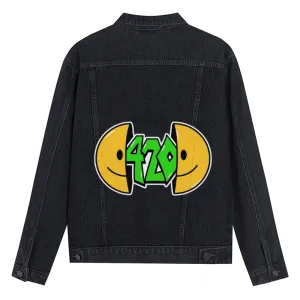 Mens Vintage Cartoon Prints Smiling Face 420 Denim Jacket