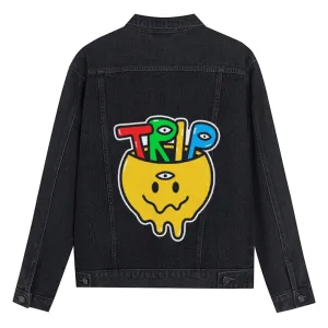 Mens Vintage Cartoon Prints Smiling Face TRIP Denim Jacket