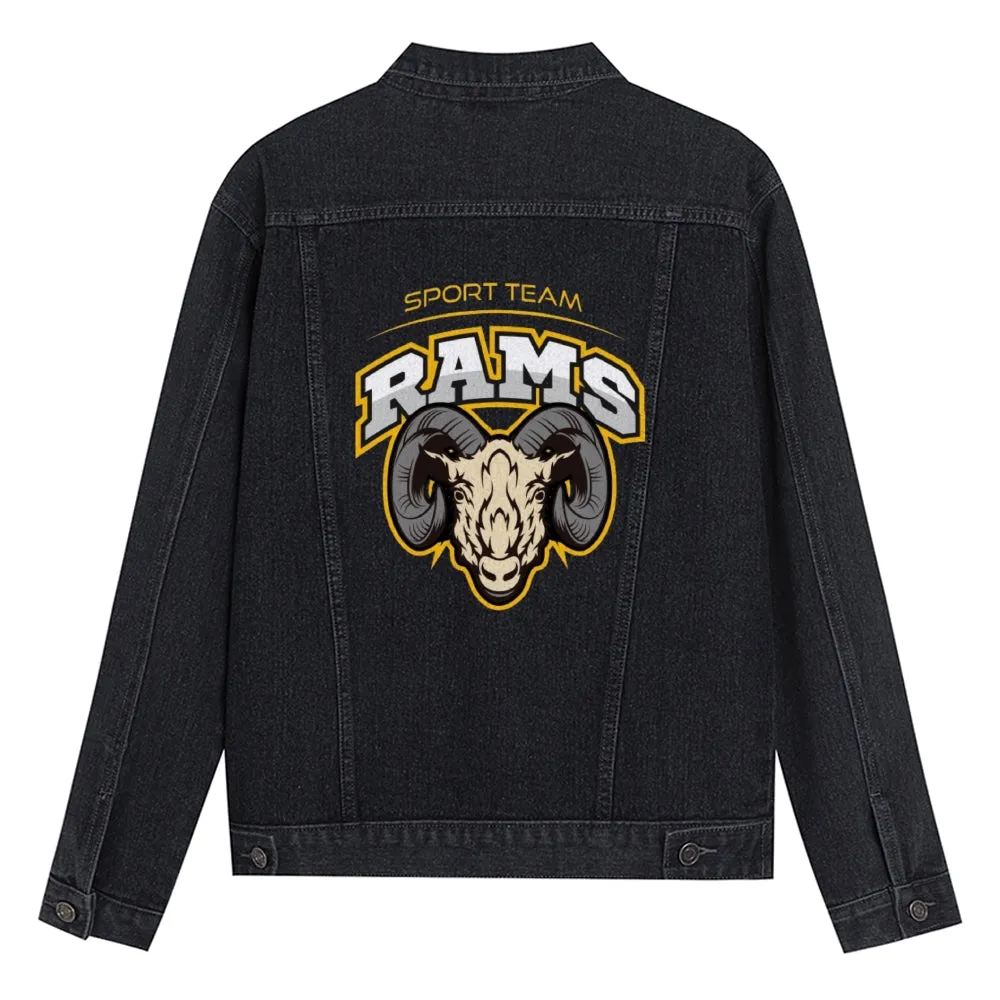 Mens Vintage Cartoon Prints SPORT TEAM RAMS Denim Jacket