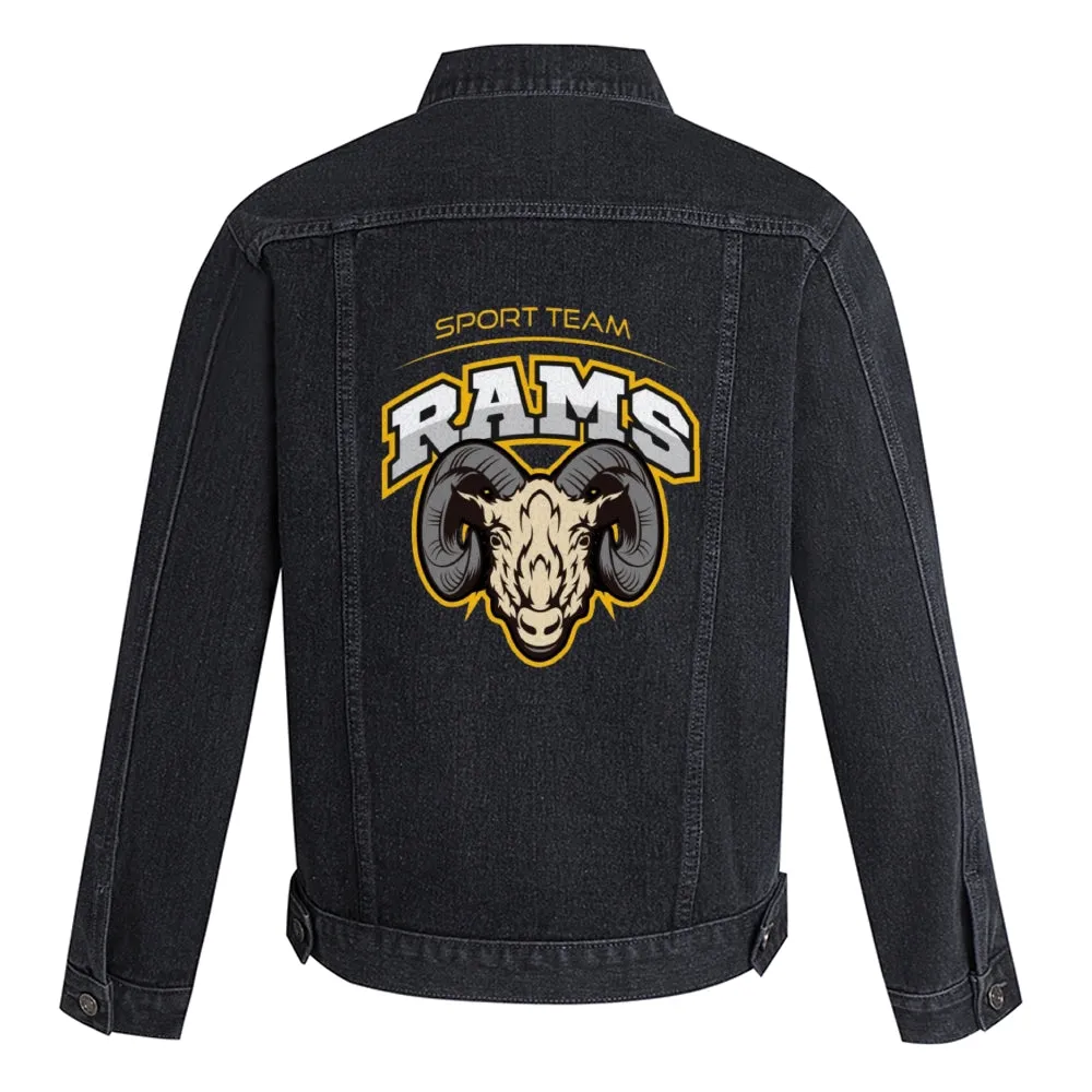 Mens Vintage Cartoon Prints SPORT TEAM RAMS Denim Jacket