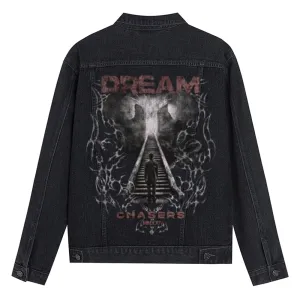 Mens Vintage Dream Chaser Graphic Button Up Denim Jacket