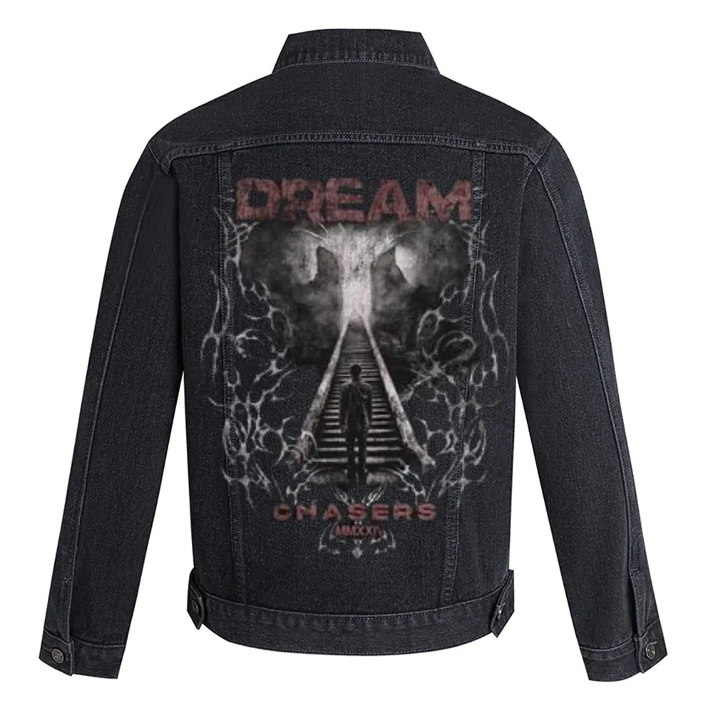 Mens Vintage Dream Chaser Graphic Button Up Denim Jacket