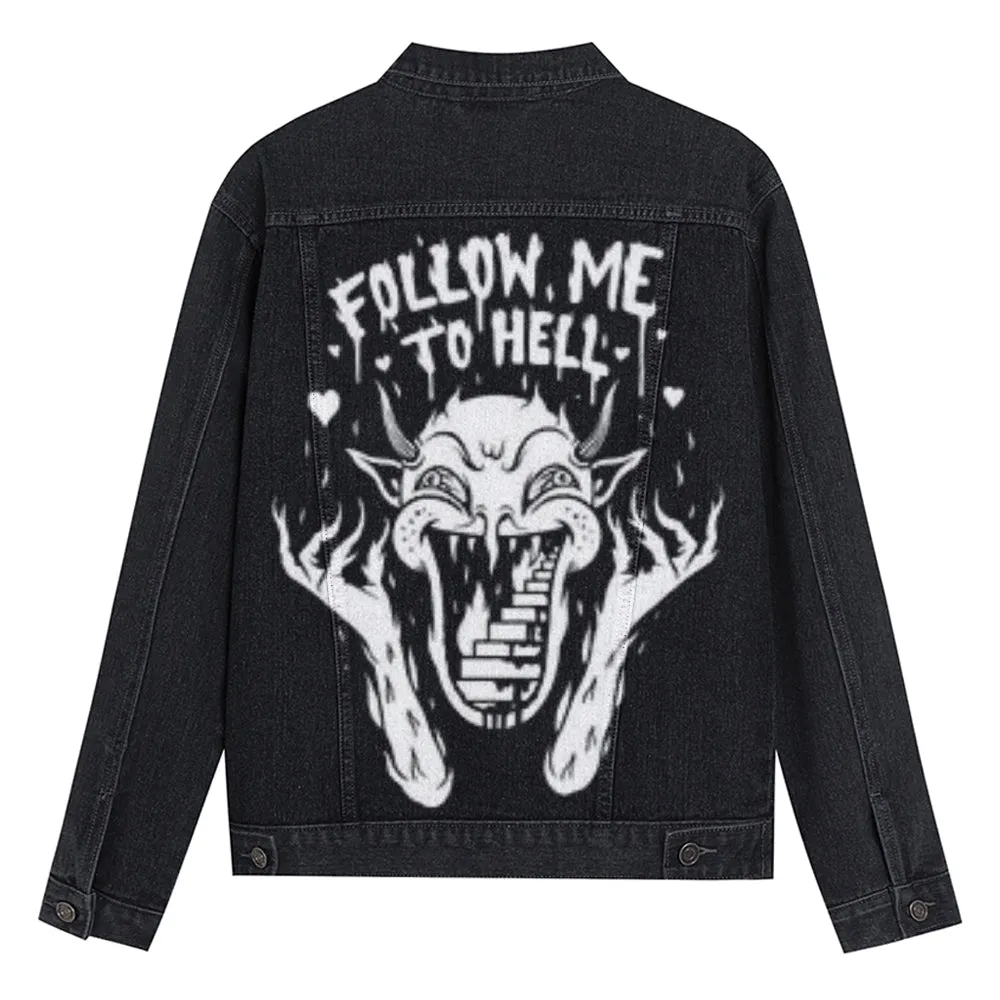 Mens Vintage FOLLOW ME TO HELL Graphic Denim Jacket