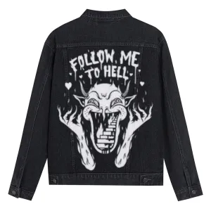 Mens Vintage FOLLOW ME TO HELL Graphic Denim Jacket