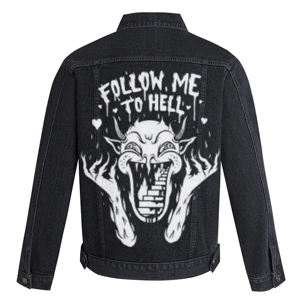 Mens Vintage FOLLOW ME TO HELL Graphic Denim Jacket