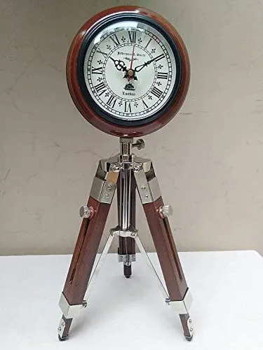 ‎M.H Nautical Handmade The Bright Decor 5 inch Wooden Table Clock with Adjustable Tripod Stand Heavy Quality (Brown), Tripod 5 inch Clock for Office, Home Décor