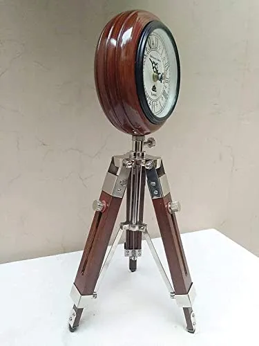 ‎M.H Nautical Handmade The Bright Decor 5 inch Wooden Table Clock with Adjustable Tripod Stand Heavy Quality (Brown), Tripod 5 inch Clock for Office, Home Décor