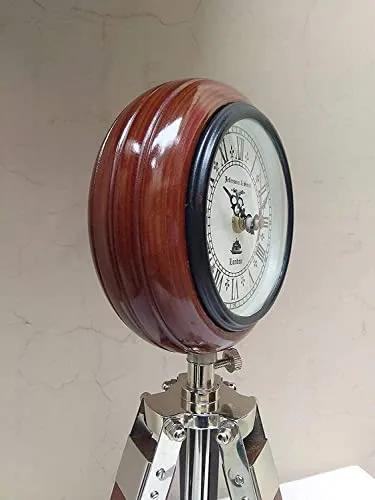 ‎M.H Nautical Handmade The Bright Decor 5 inch Wooden Table Clock with Adjustable Tripod Stand Heavy Quality (Brown), Tripod 5 inch Clock for Office, Home Décor