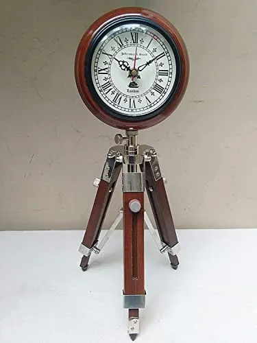 ‎M.H Nautical Handmade The Bright Decor 5 inch Wooden Table Clock with Adjustable Tripod Stand Heavy Quality (Brown), Tripod 5 inch Clock for Office, Home Décor