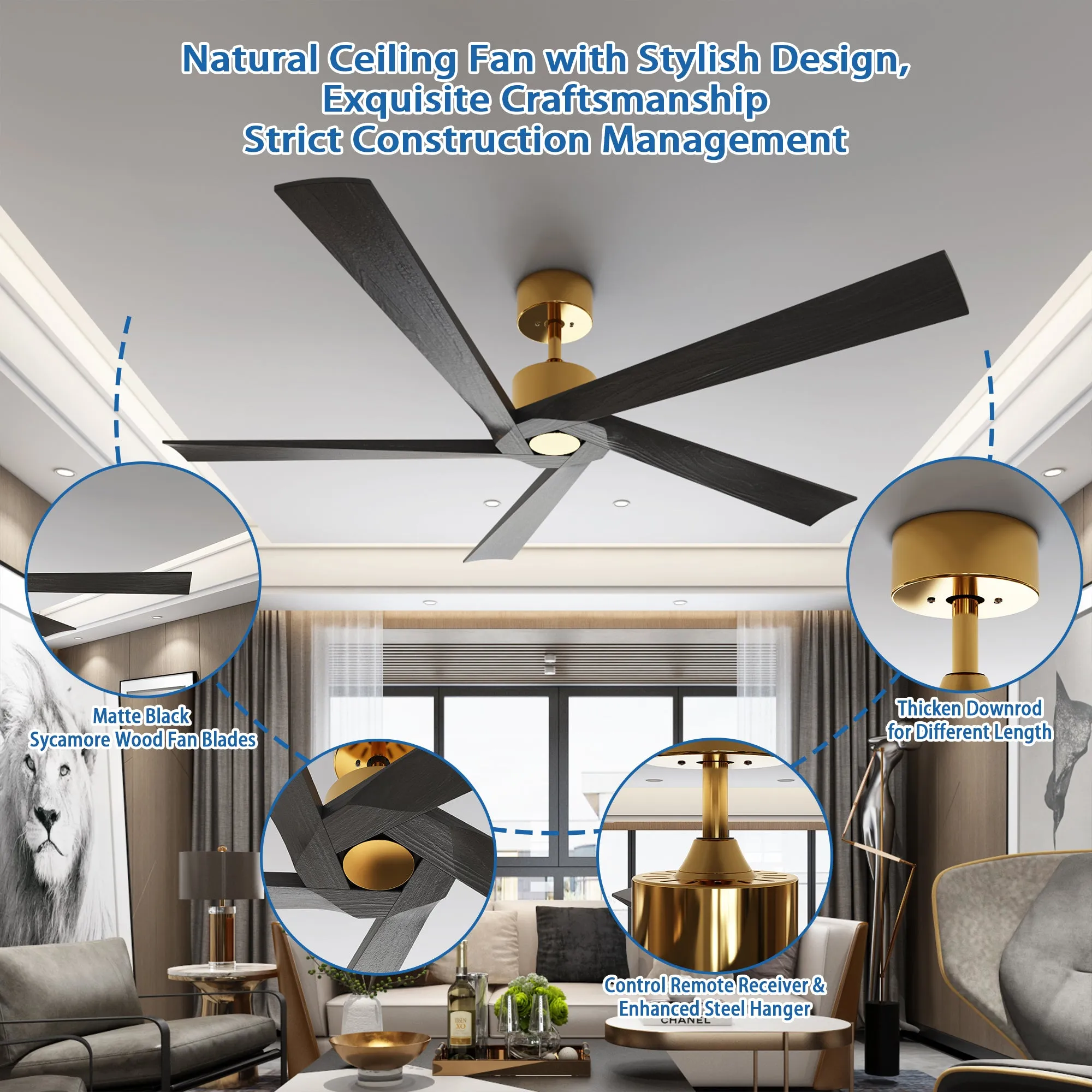 Modern Ceiling Fan With 5 Solid Wood Blades