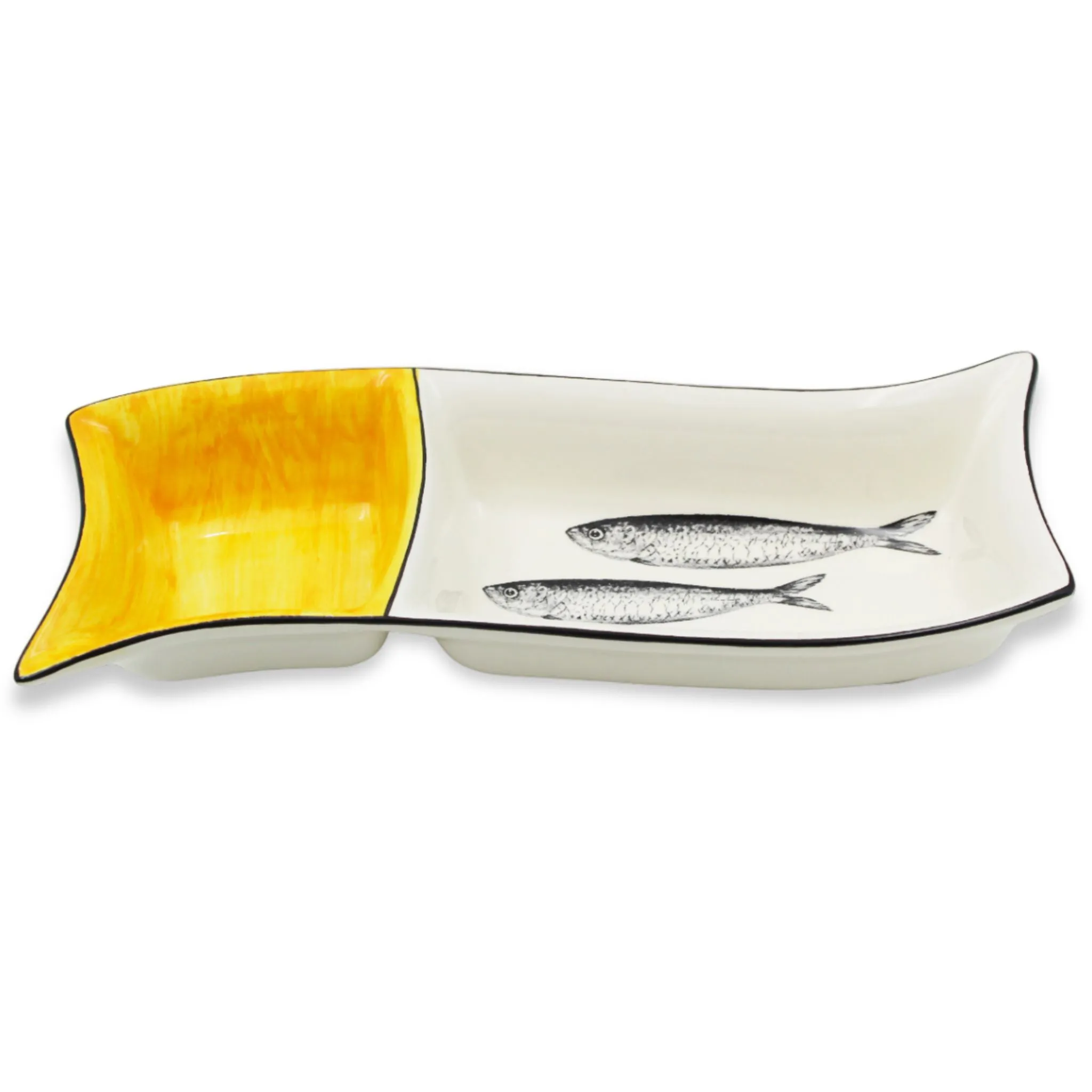 Portuguese Ceramic Divided Serving Dish with Sardine Design and Yellow Accent