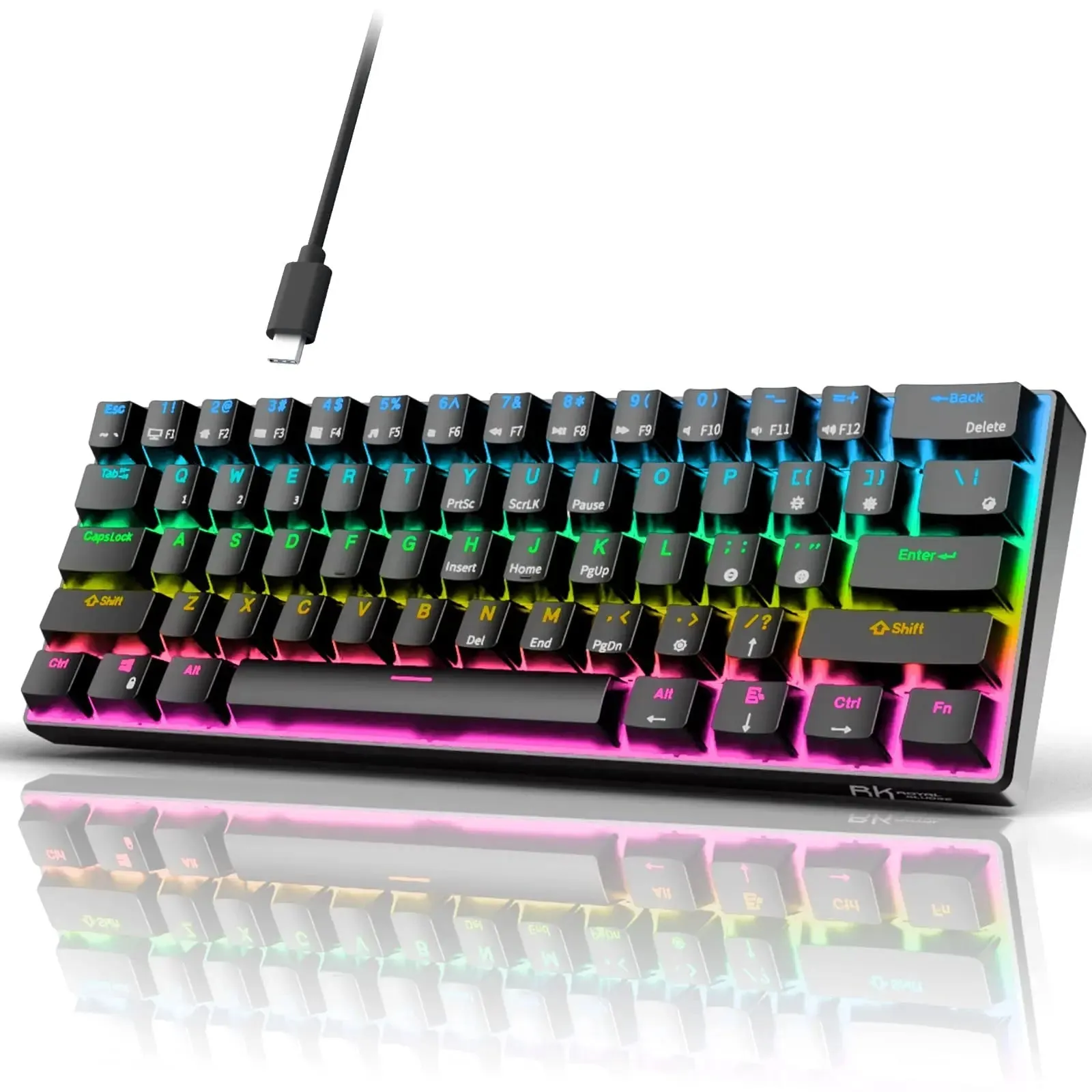 RK ROYAL KLUDGE RK61 Wired 60% Mechanical Gaming Keyboard RGB Backlit Ultra-Compact Hot Swappable Red Switch Black