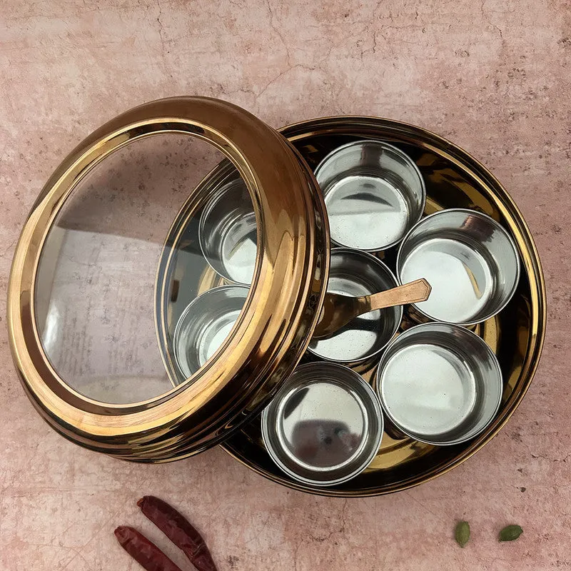 Stainless Steel Masala Box | With Transparent Lid | Airtight | 7 Compartments | Rose Gold