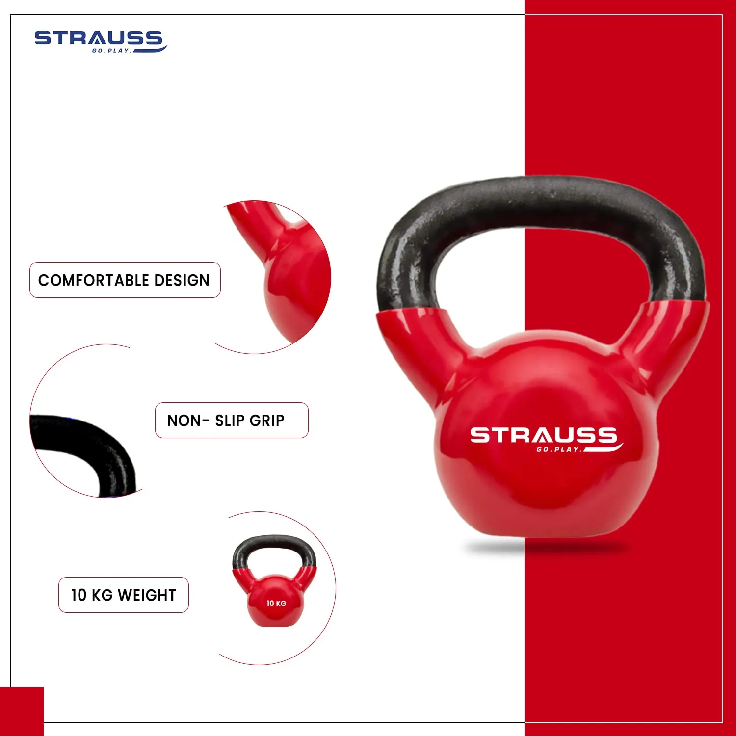 Strauss Premium Vinyl Kettlebell Weight for Men & Women | 10 Kg | Ideal for Home Workout, Yoga, Pilates, Gym Exercises | Non-Slip, Easy to Hold, Scratch Resistant (Blue)