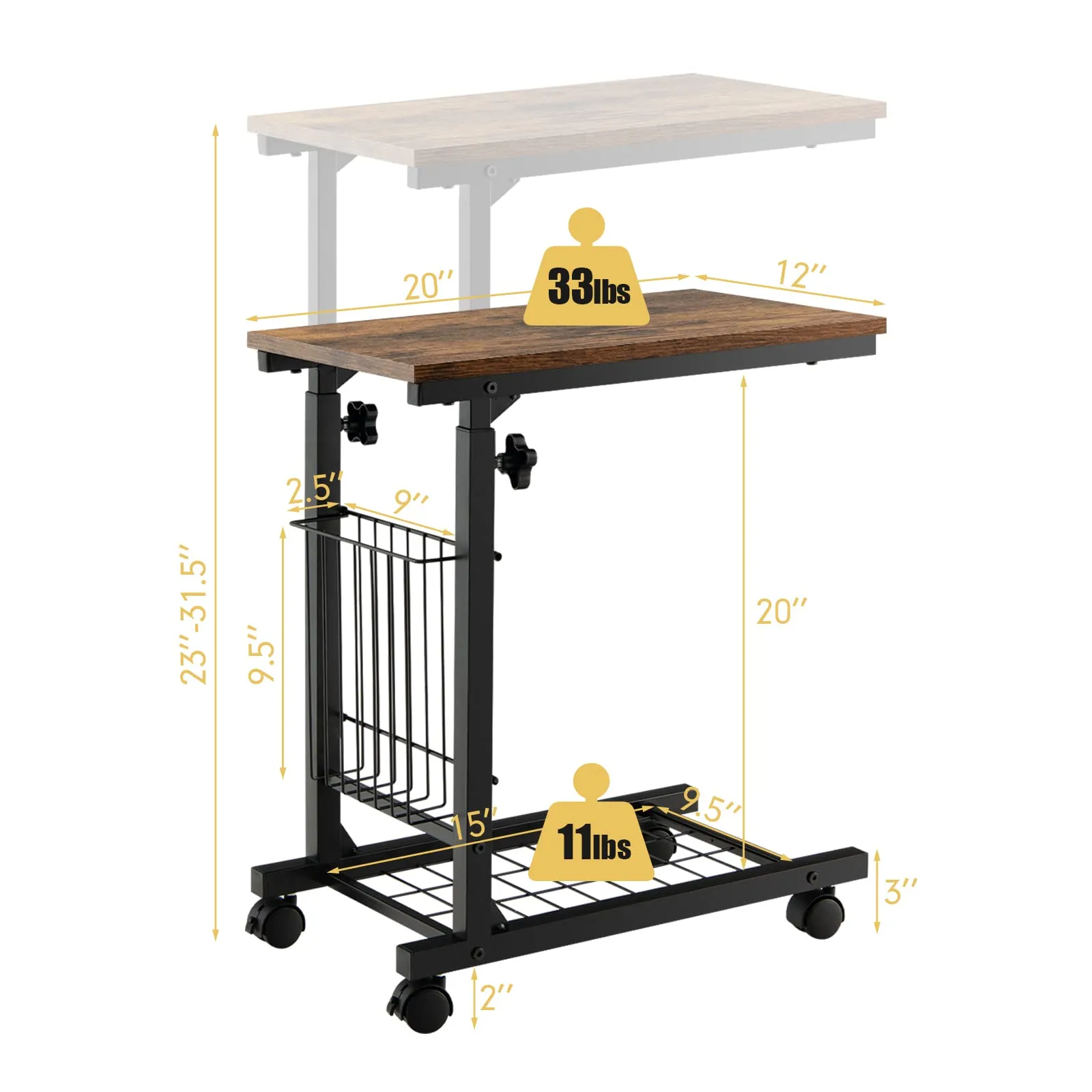 Tangkula C-Shape Sofa Side Table, Adjustable End Table