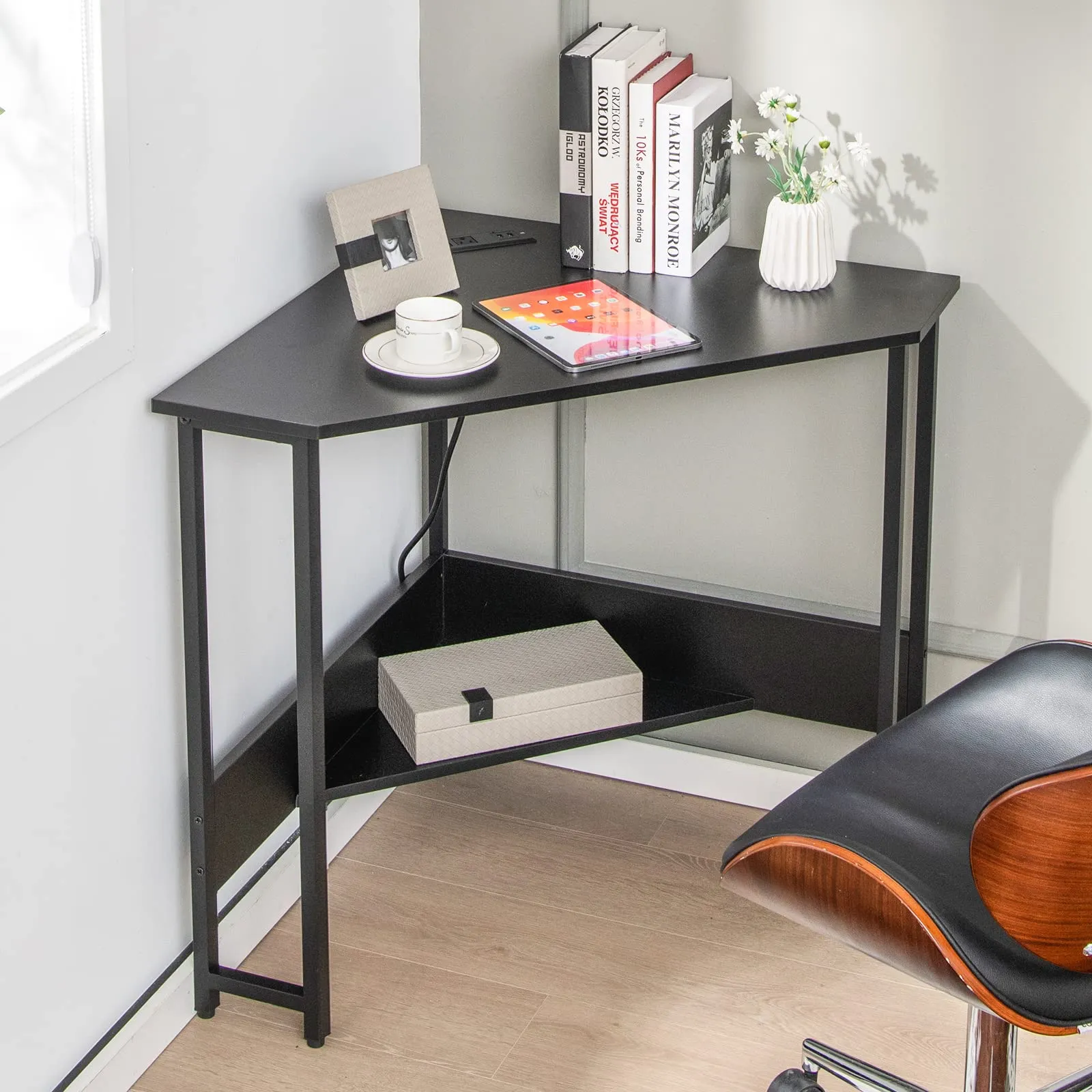 Tangkula Corner Desk with Power Outlet & USB Ports, Triangle Computer Desk with Charging Station