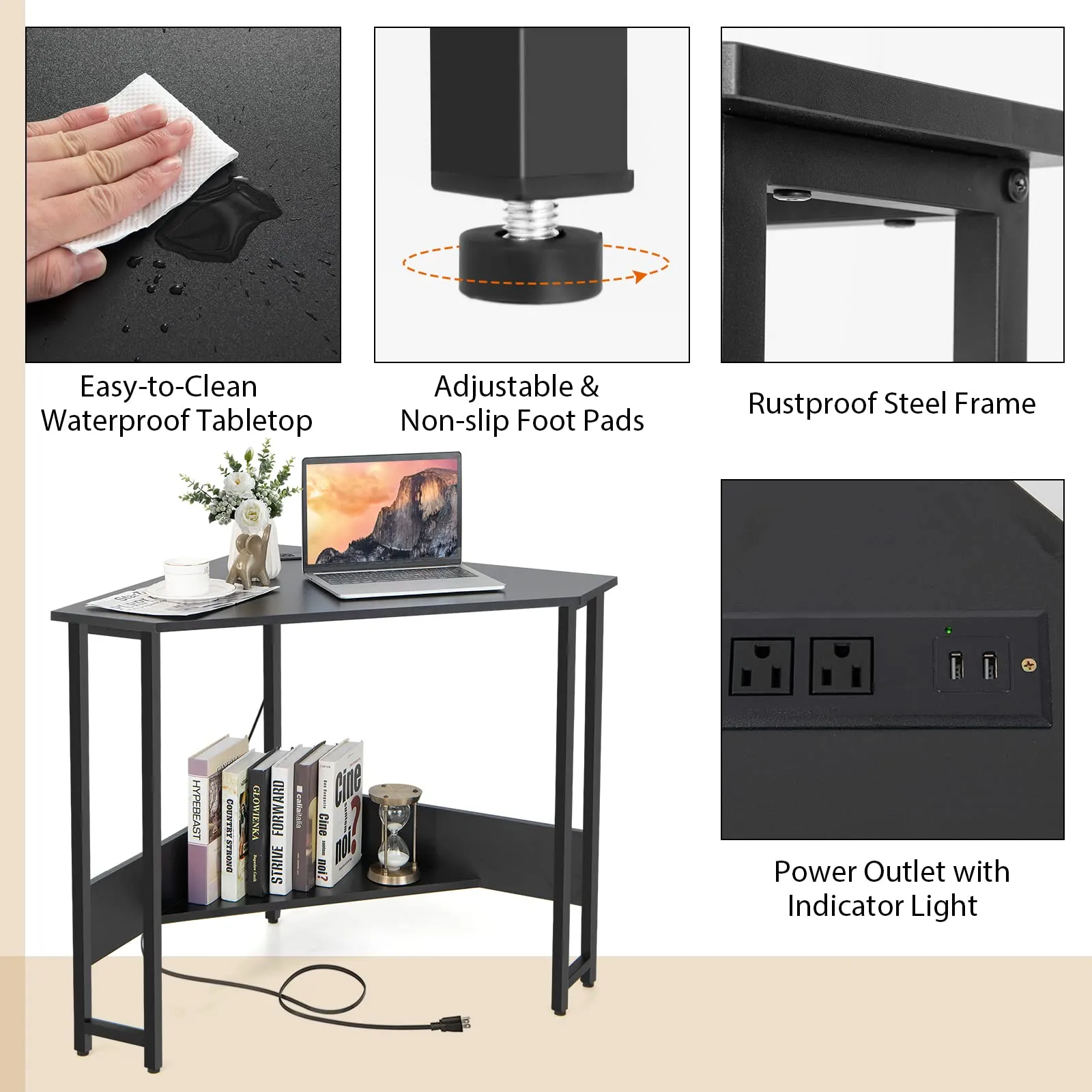 Tangkula Corner Desk with Power Outlet & USB Ports, Triangle Computer Desk with Charging Station