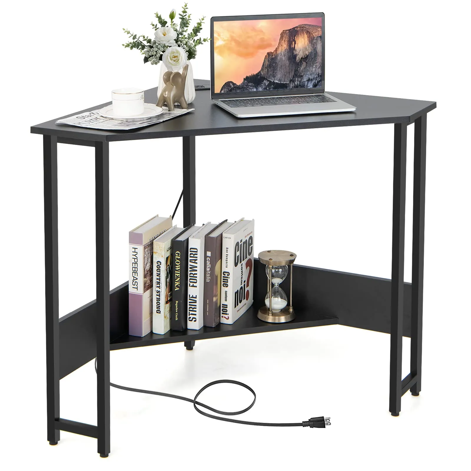 Tangkula Corner Desk with Power Outlet & USB Ports, Triangle Computer Desk with Charging Station