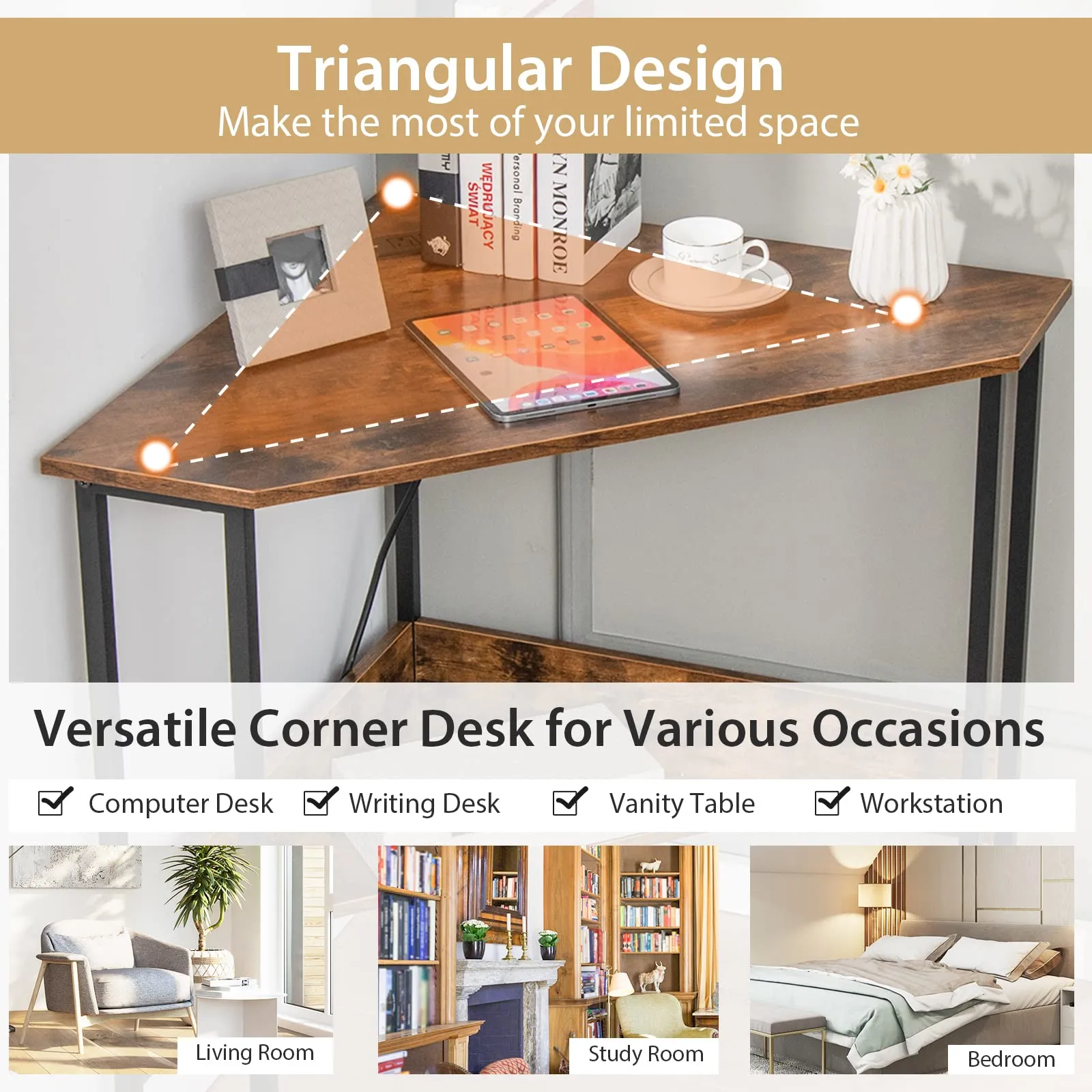 Tangkula Corner Desk with Power Outlet & USB Ports, Triangle Computer Desk with Charging Station