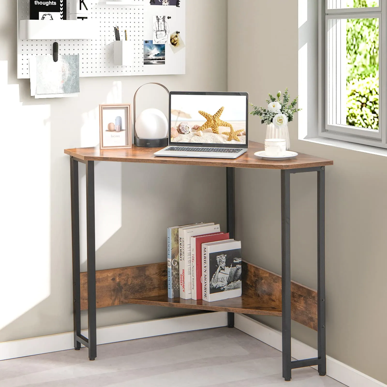 Tangkula Corner Desk with Power Outlet & USB Ports, Triangle Computer Desk with Charging Station