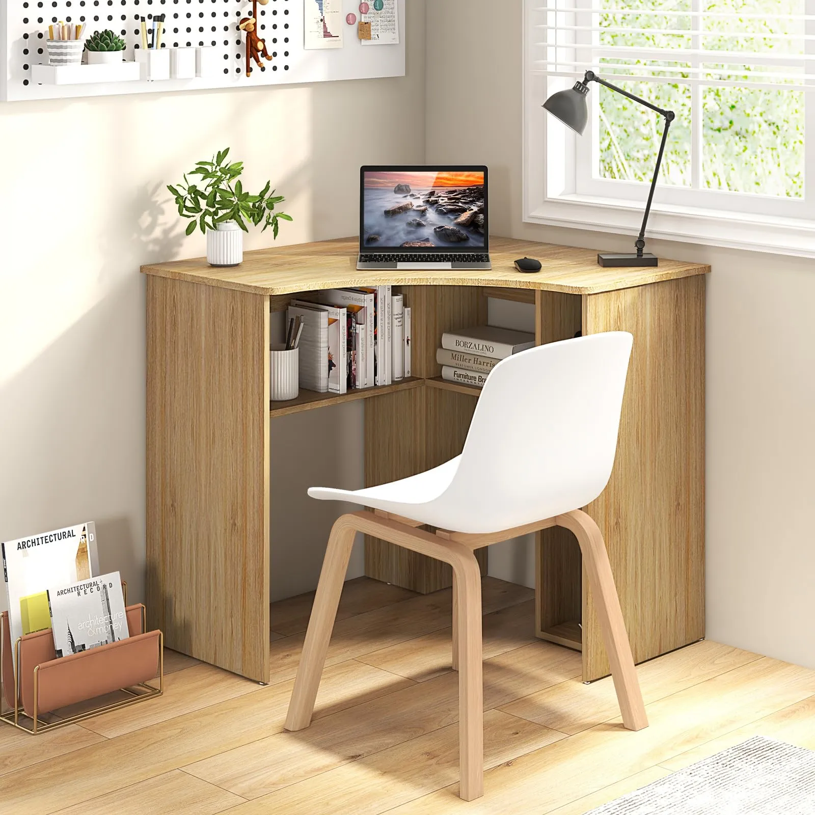 Tangkula Corner Desk with Storage Shelves, Space-Saving Triangle Study Writing Desk with Adjustable Shelves