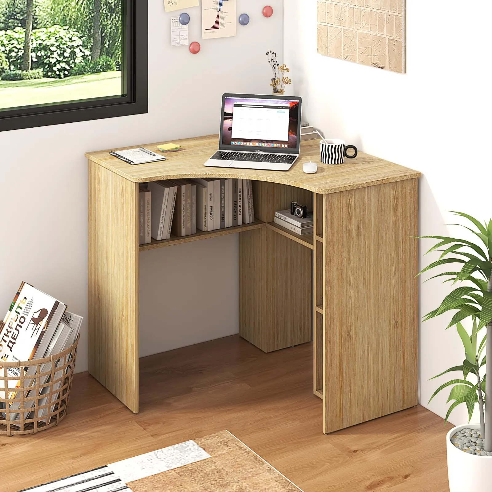 Tangkula Corner Desk with Storage Shelves, Space-Saving Triangle Study Writing Desk with Adjustable Shelves