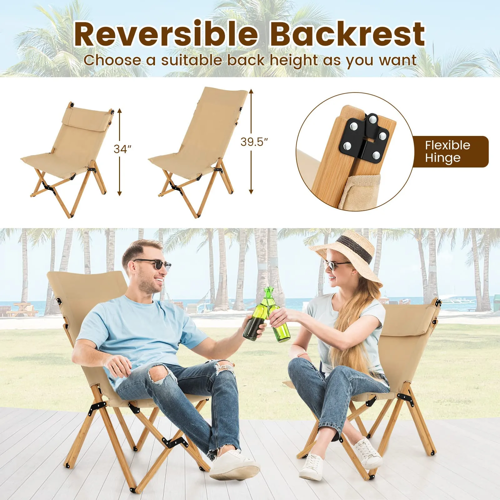 Tangkula Folding Camping Chair, High Back Portable Bamboo Camp Chair with 2-Level Adjustable Backrest