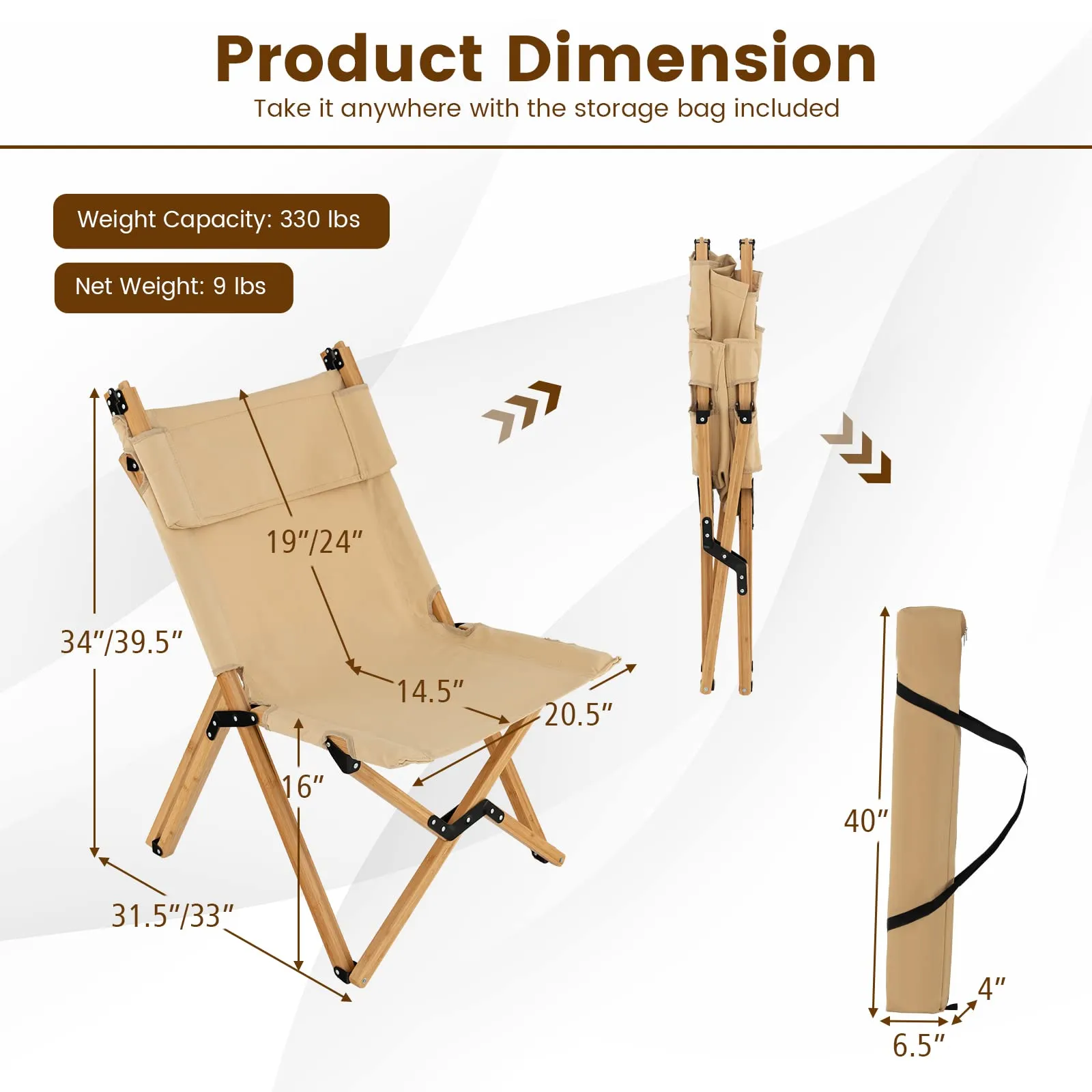 Tangkula Folding Camping Chair, High Back Portable Bamboo Camp Chair with 2-Level Adjustable Backrest