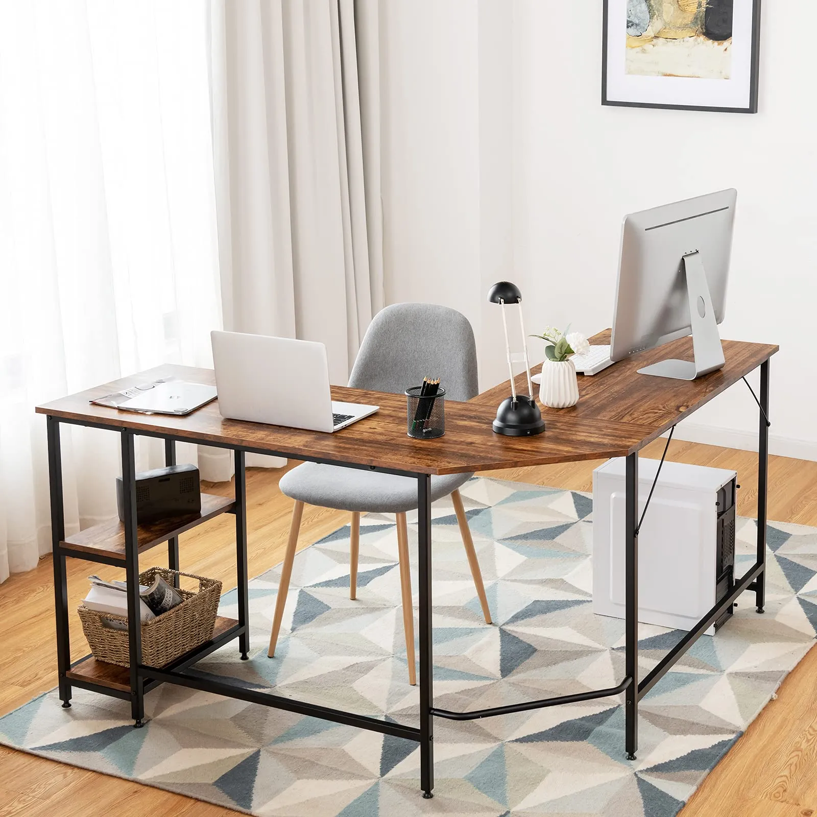 Tangkula Industrial L-Shaped Computer Desk, Space-Saving Corner Desk with Storage Bookshelves